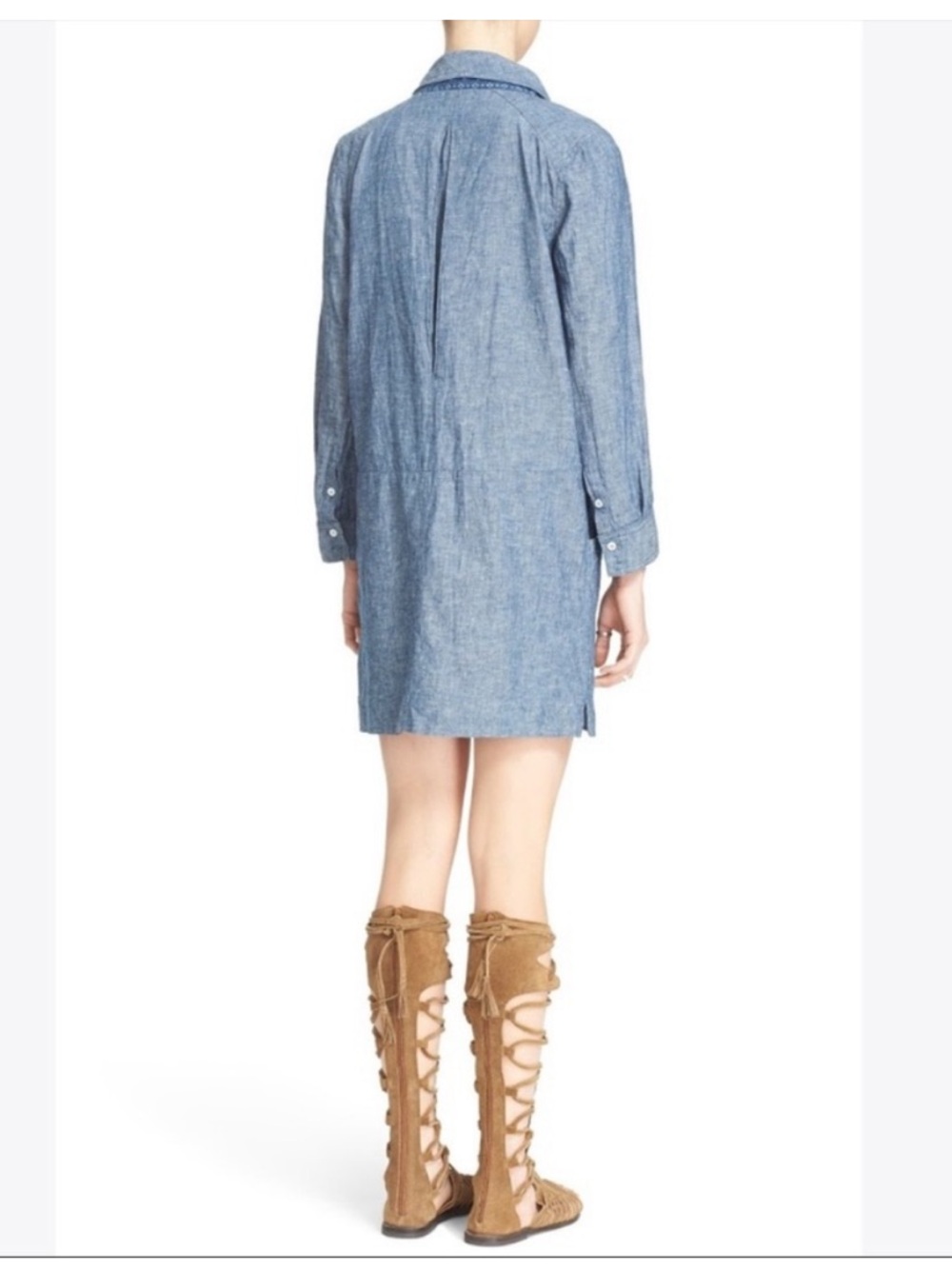 Free People Done Up in Denim Chambray Dress Womens M/L Blue Linen Boho - Picture 3 of 11